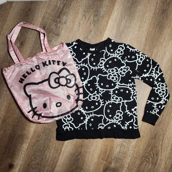 😻🎀Hello Kitty Apparel Bundle🎀Black & White Sweatshirt & Pink Glitter Tote Bag - Picture 1 of 4